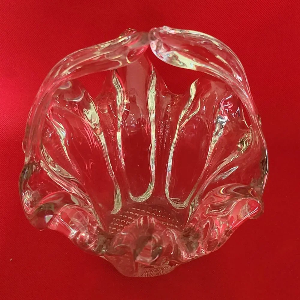 VTG Clear Art Glass Basket Trinket Bowl Candy Dish